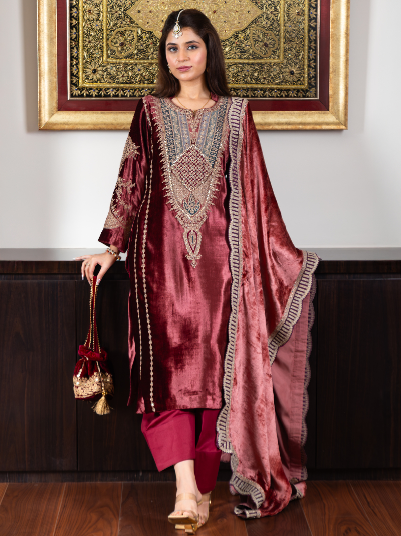 Fiza Velvet Embroidered Suit Set– Wine Red
