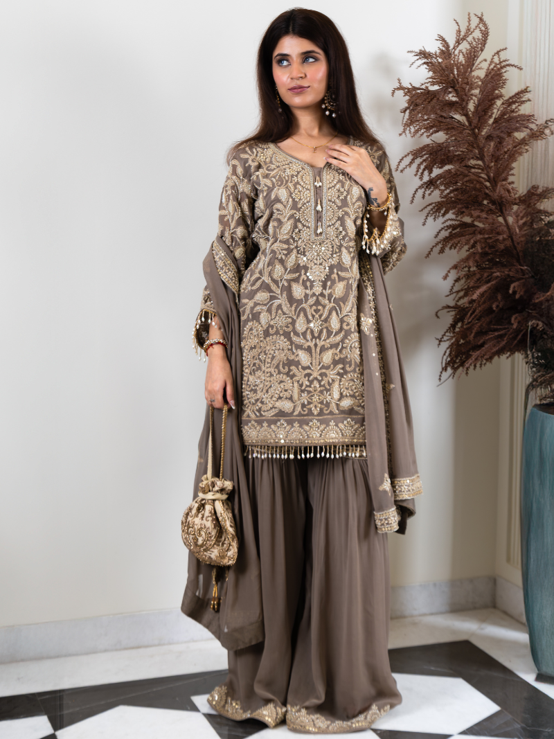 Saher Pure Georgette Handworked Garara Set – Taupe Beige