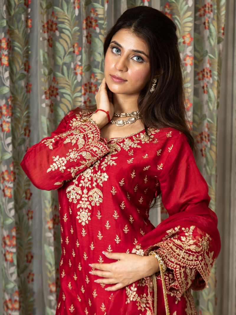 Aarini Mul Chanderi Dori Embroidered Sharara Set – Red