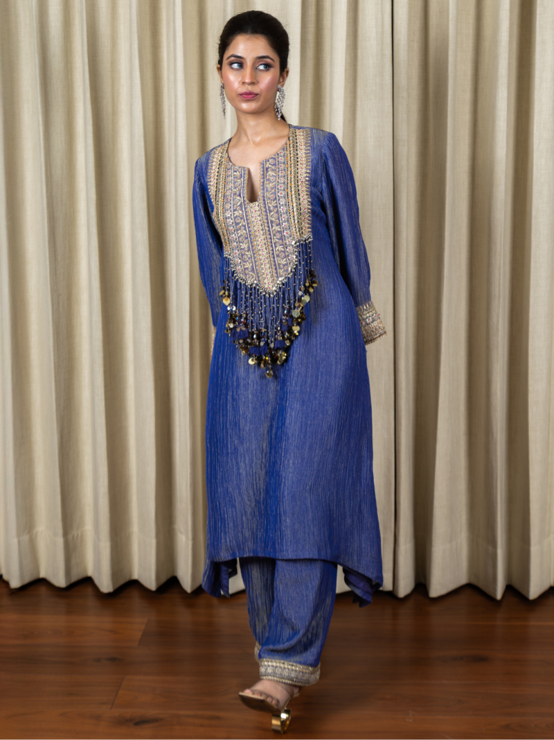 Nayra Royal Tissue Handwork Kurta Set – Sapphire Blue