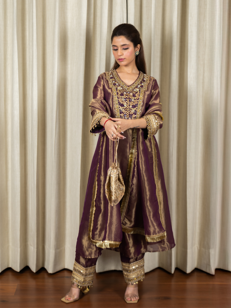 Reyna Kanchipuram Silk Embellished Kurta Set with Dupatta - Deep Wine