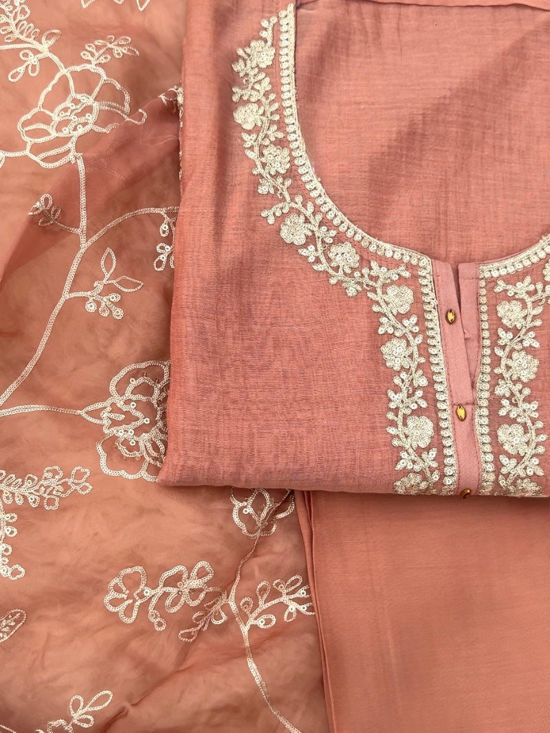 Aarna Pure Mul Chanderi Embroidered Kurta Set with Pure Organza Dupatta
