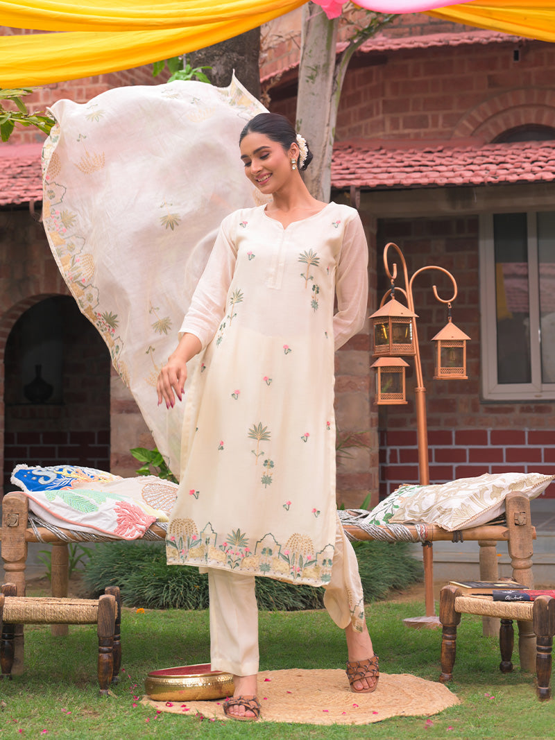 Anaya Pure Mul Chanderi Embroidered Kurta Set with Dupatta - Ivory White