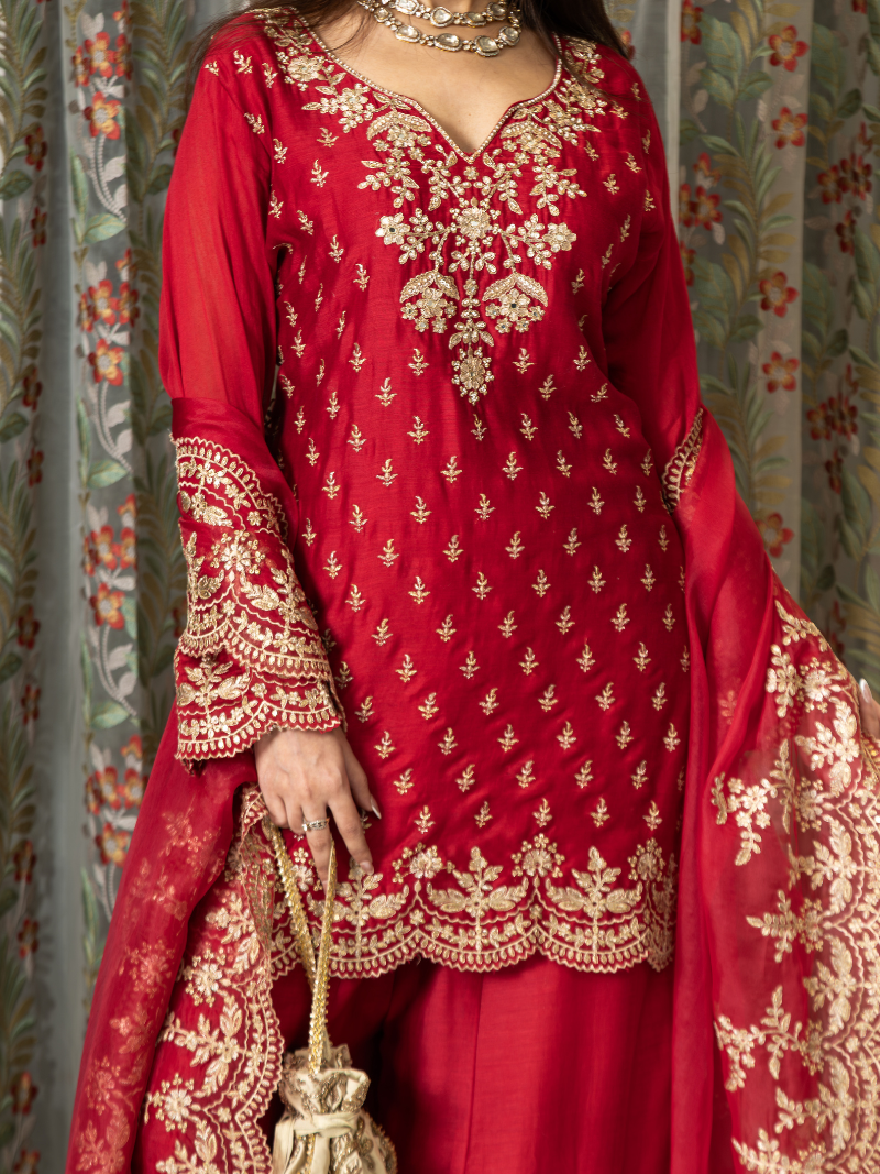 Aarini Mul Chanderi Dori Embroidered Sharara Set – Red