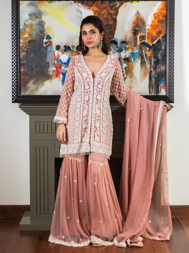 Reha Georgette Embroidered Garara Set – Peach Blush