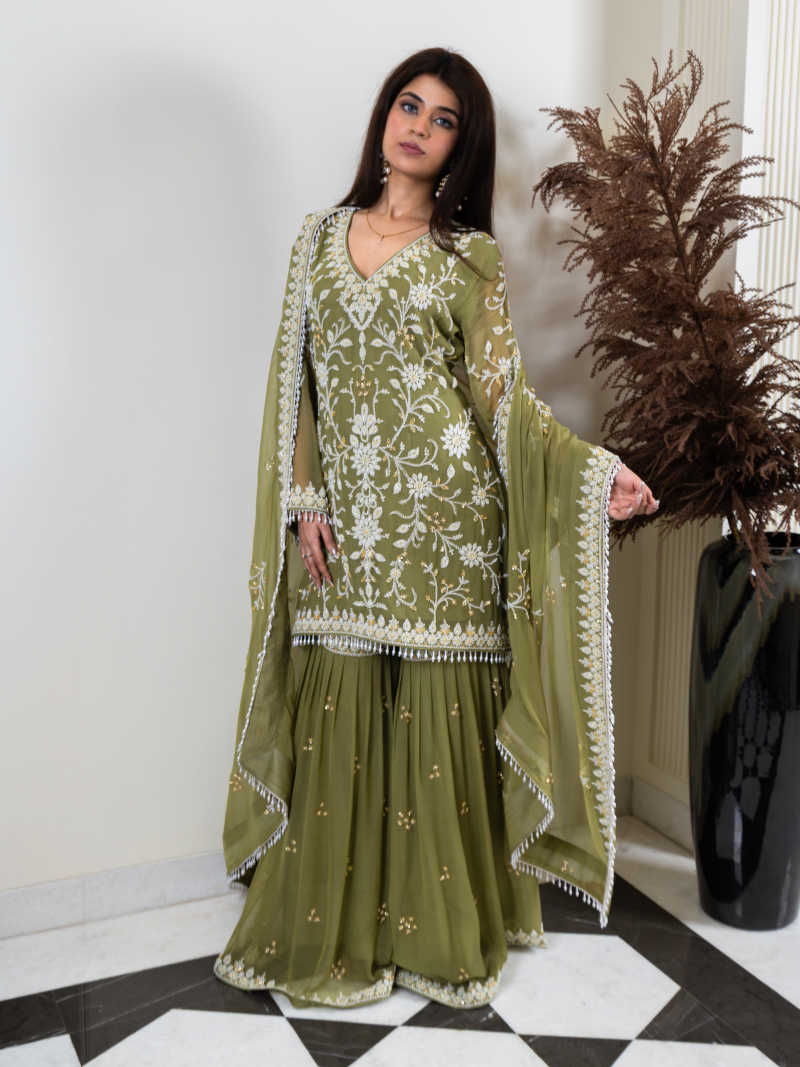 Aleya Pure Georgette Handworked Garara Set – Sage Green