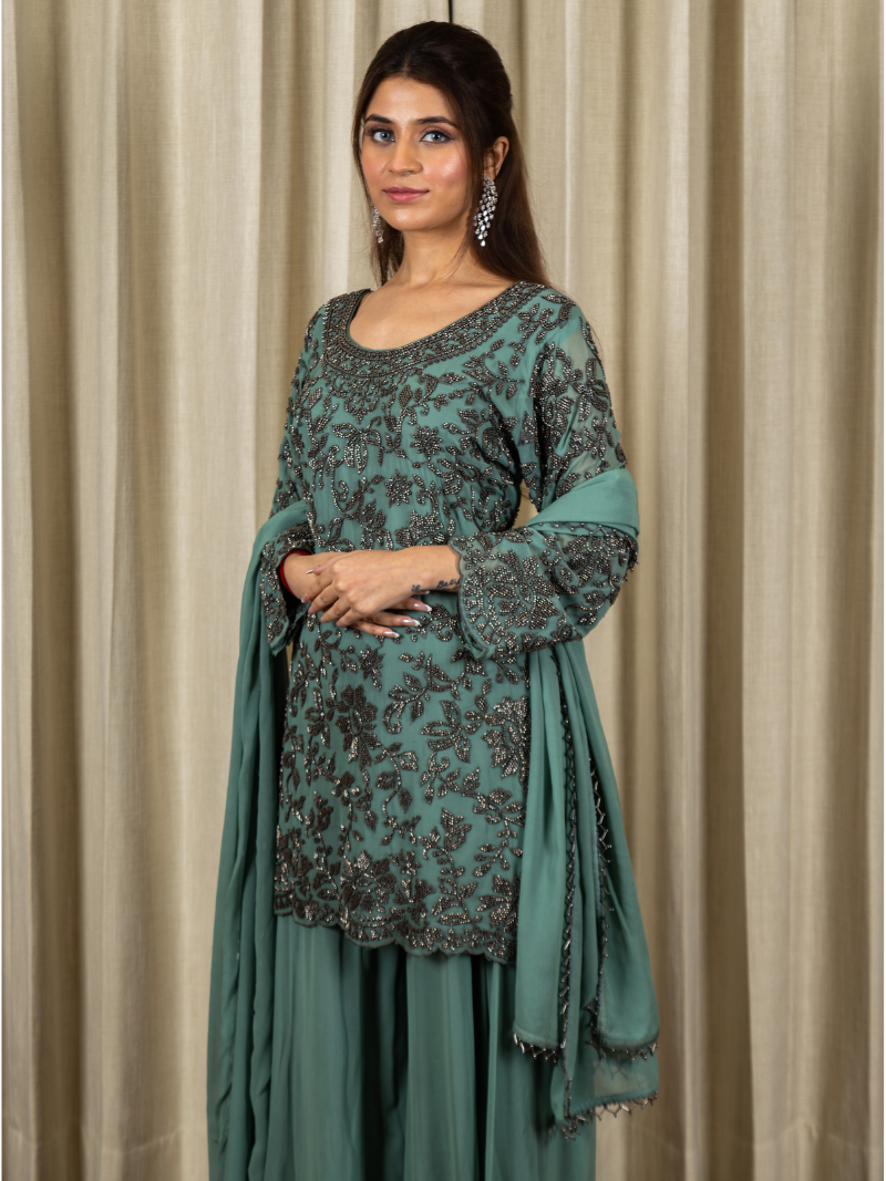 Zayna Georgette Handcrafted Sharara Set – Pastel Teal