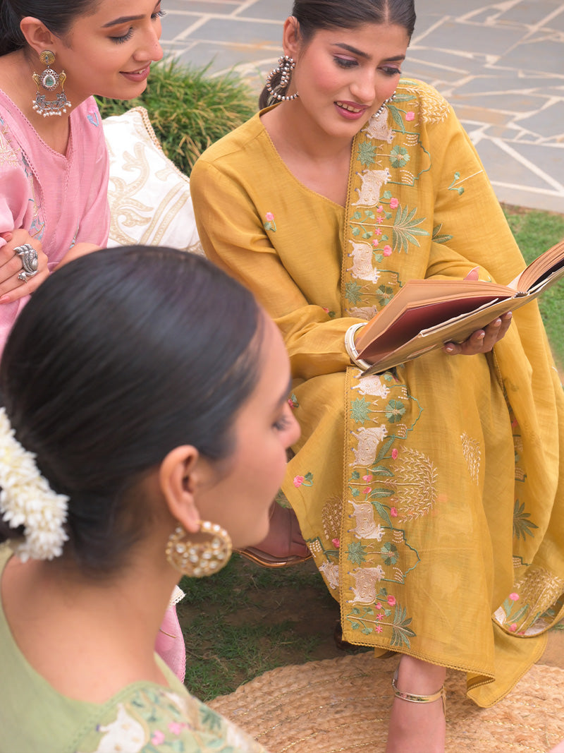 Anaya Pure Mul Chanderi Embroidered Kurta Set with Dupatta - Sunflower Yellow