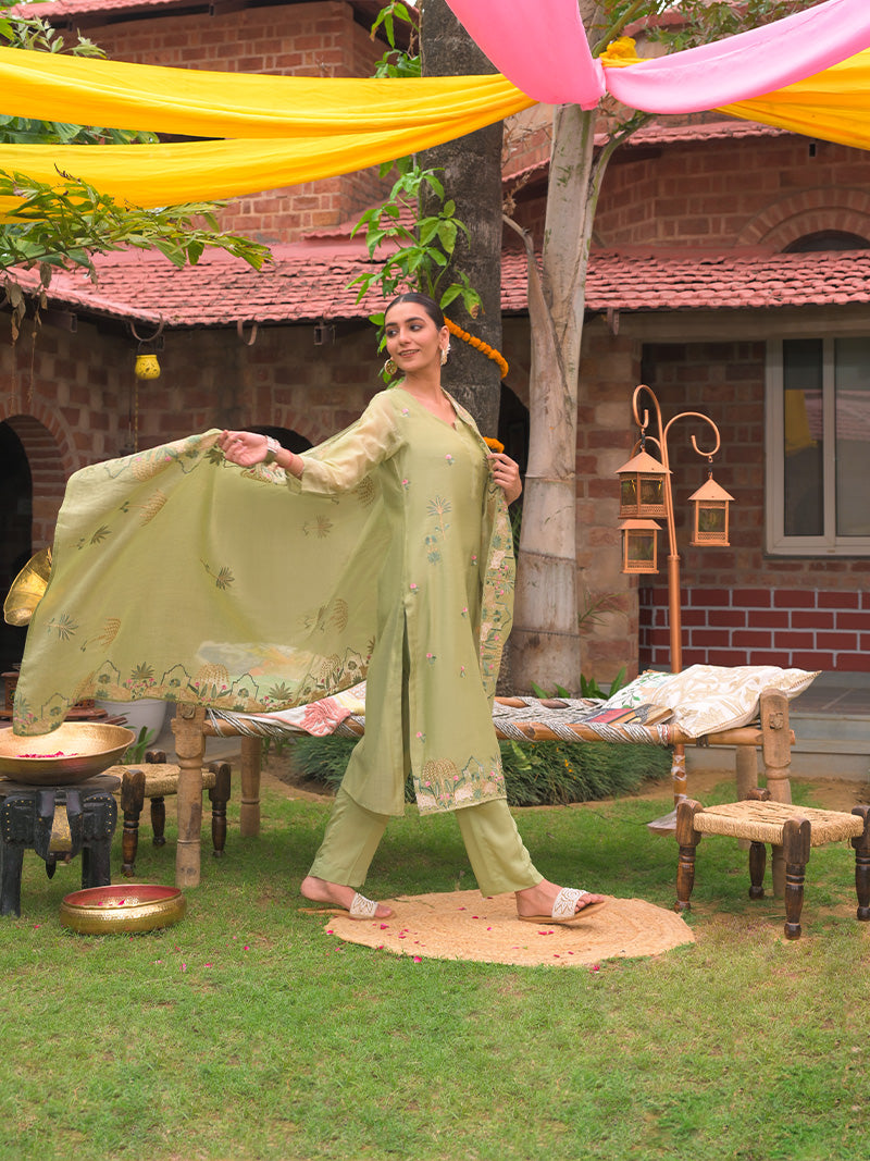 Anaya Pure Mul Chanderi Embroidered Kurta Set with Dupatta - Sage Green