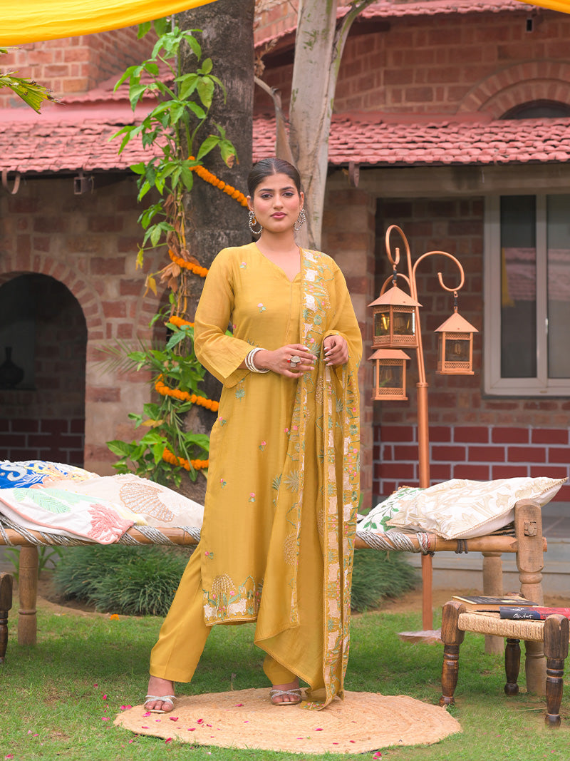 Anaya Pure Mul Chanderi Embroidered Kurta Set with Dupatta - Sunflower Yellow