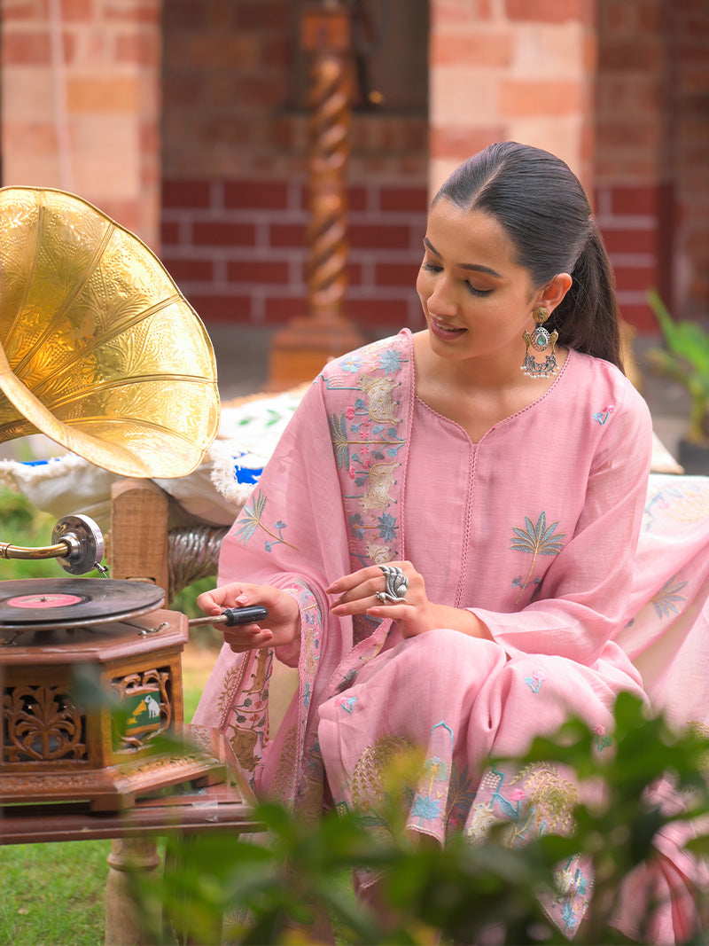 Anaya Pure Mul Chanderi Embroidered Kurta Set with Dupatta - Rose Pink