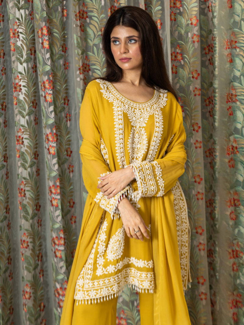 Nayira Georgette Embroidered Kurta Set – Sunset Mustard