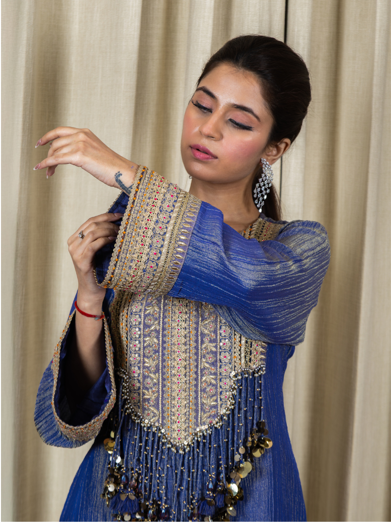 Nayra Royal Tissue Handwork Kurta Set – Sapphire Blue
