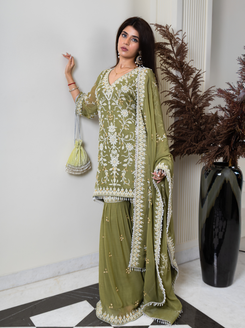 Aleya Pure Georgette Handworked Garara Set – Sage Green
