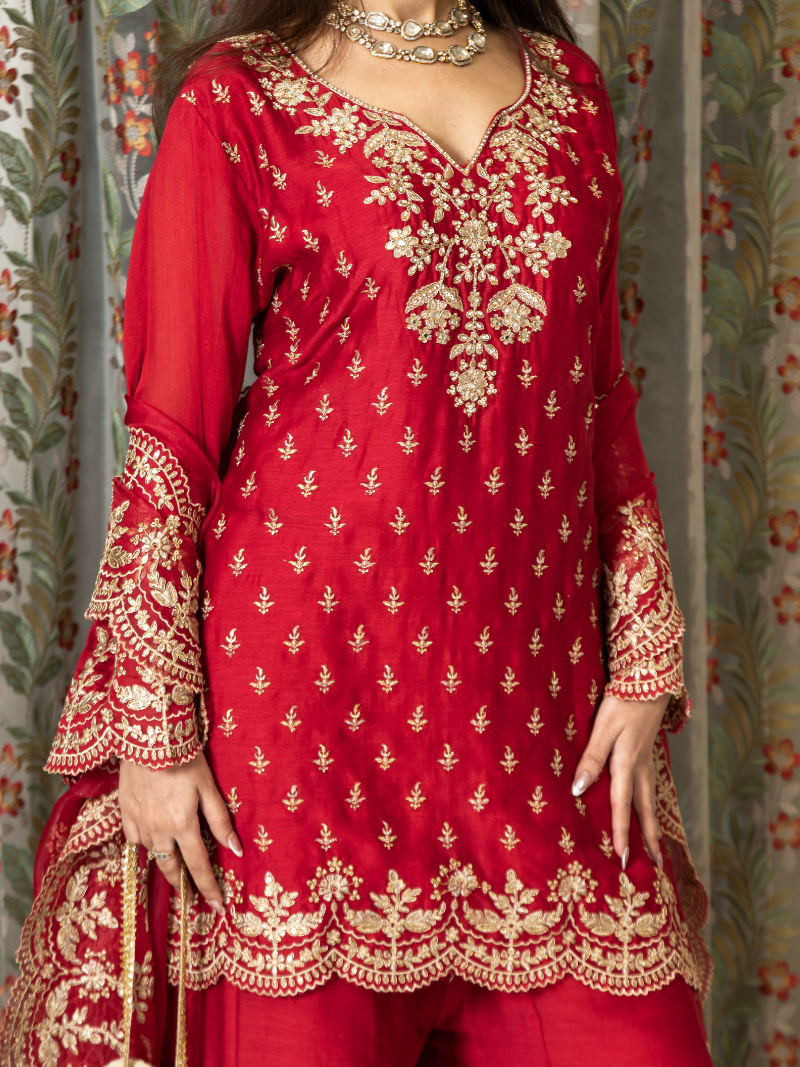 Aarini Mul Chanderi Dori Embroidered Sharara Set – Red