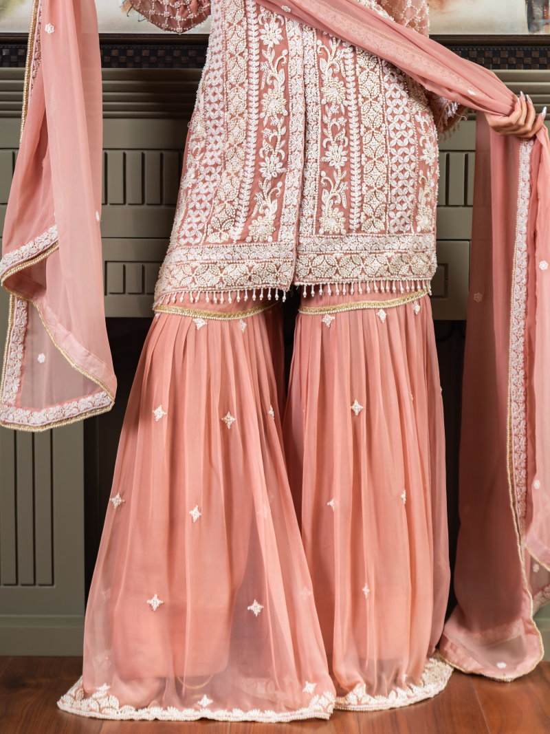 Reha Georgette Embroidered Garara Set – Peach Blush