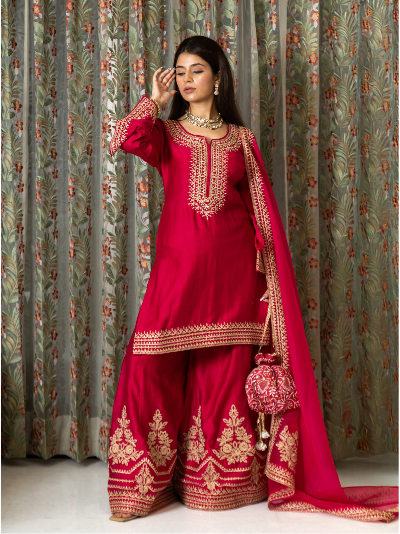 Adhira Mul Chanderi Dori Embroidered Sharara Set – Crimson Red