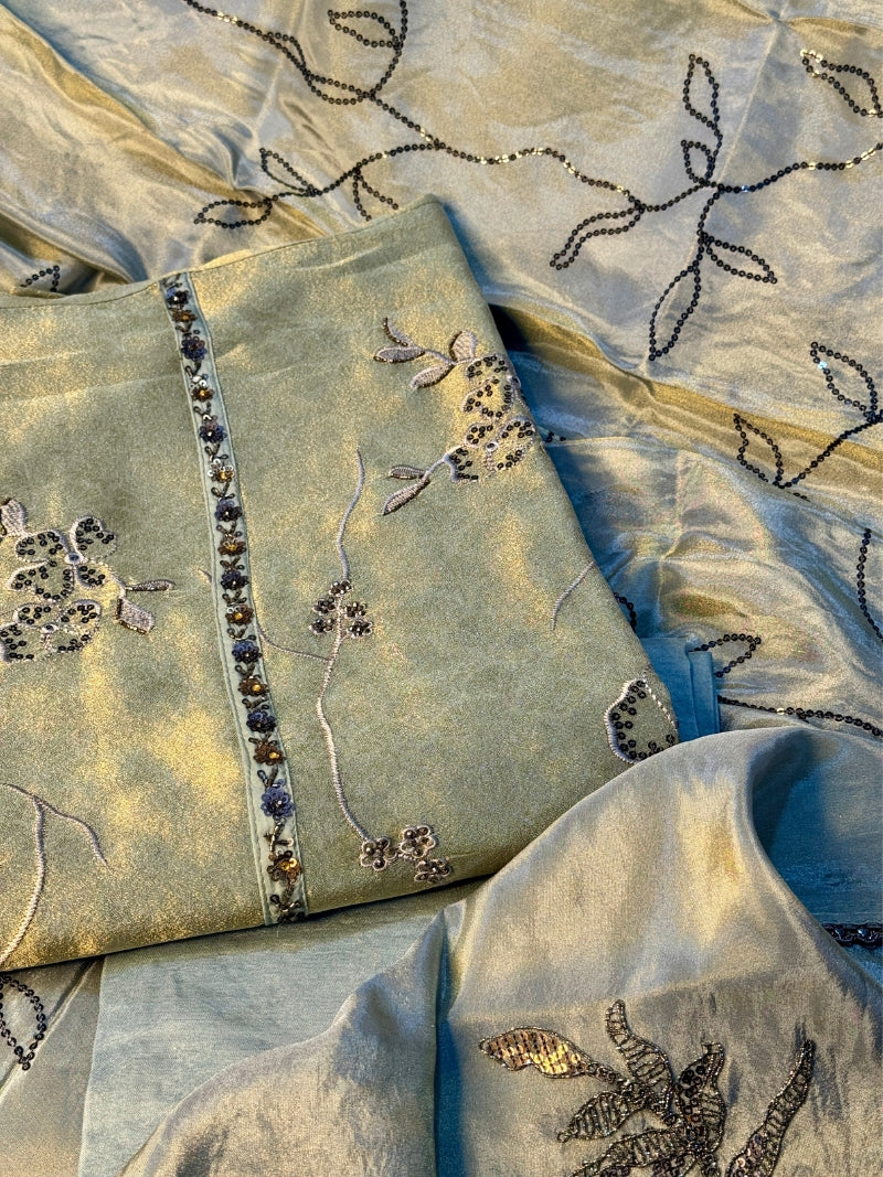 Elina Tissue Embroidered Kurta Set with Dupatta - Rose Gold