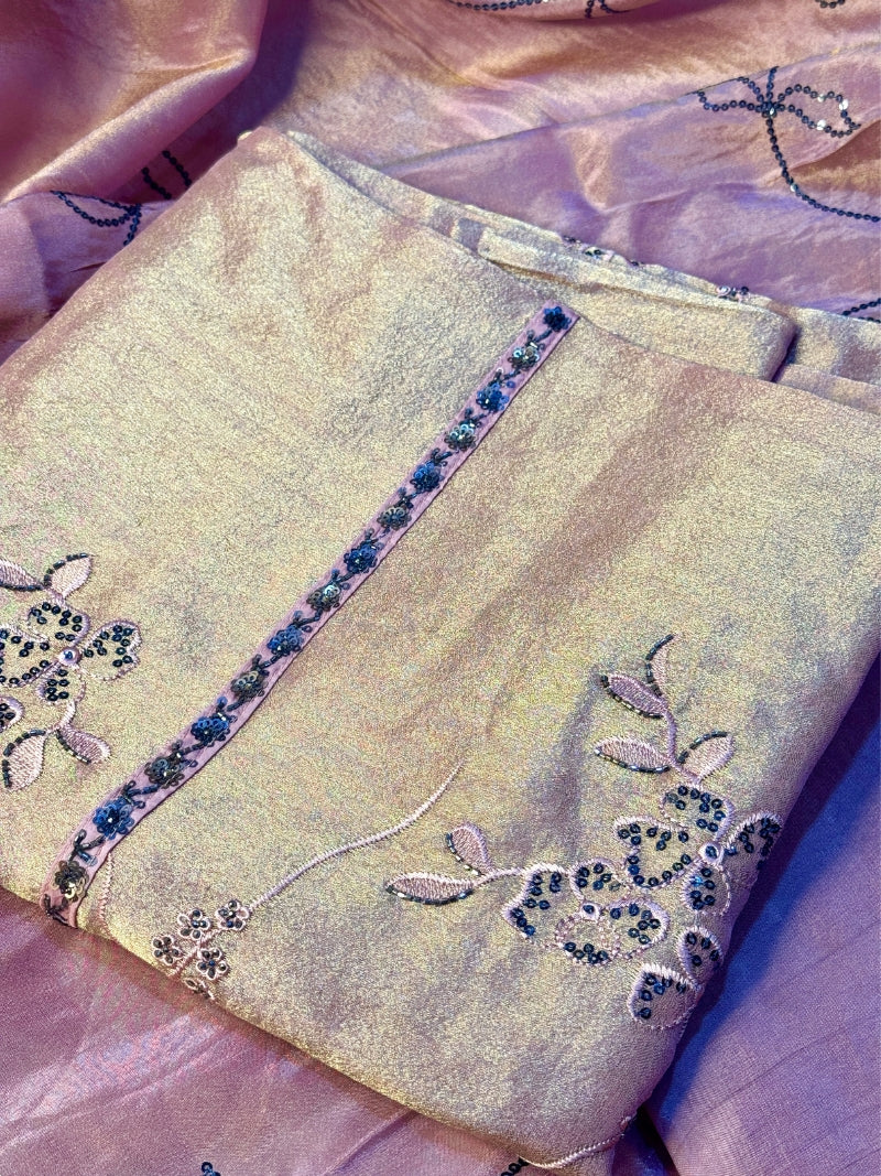 Elina Tissue Embroidered Kurta Set with Dupatta - Rose Gold