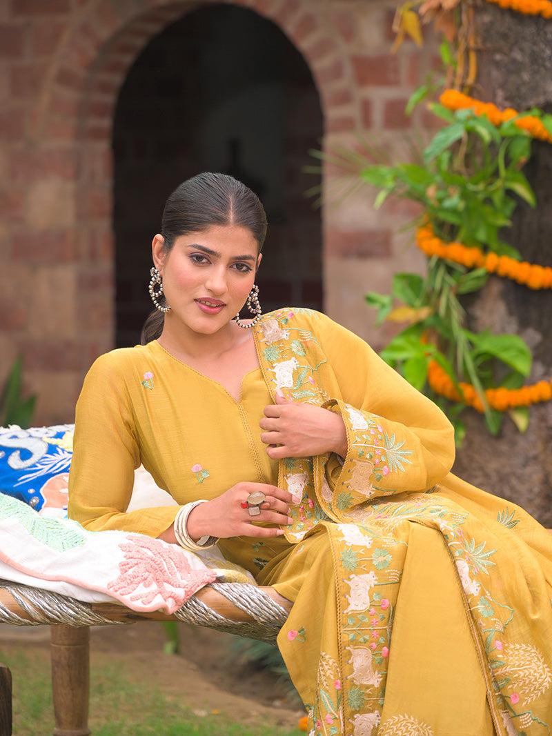Anaya Pure Mul Chanderi Embroidered Kurta Set with Dupatta - Sunflower Yellow