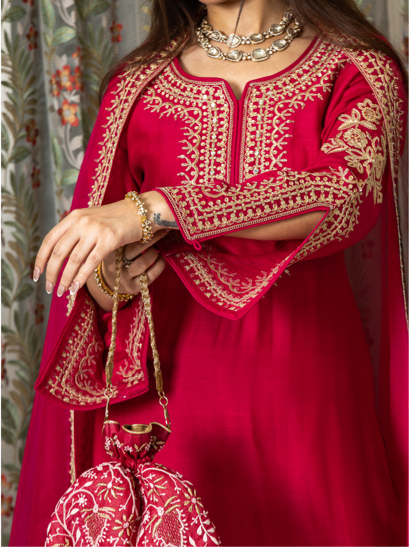 Adhira Mul Chanderi Dori Embroidered Sharara Set – Crimson Red