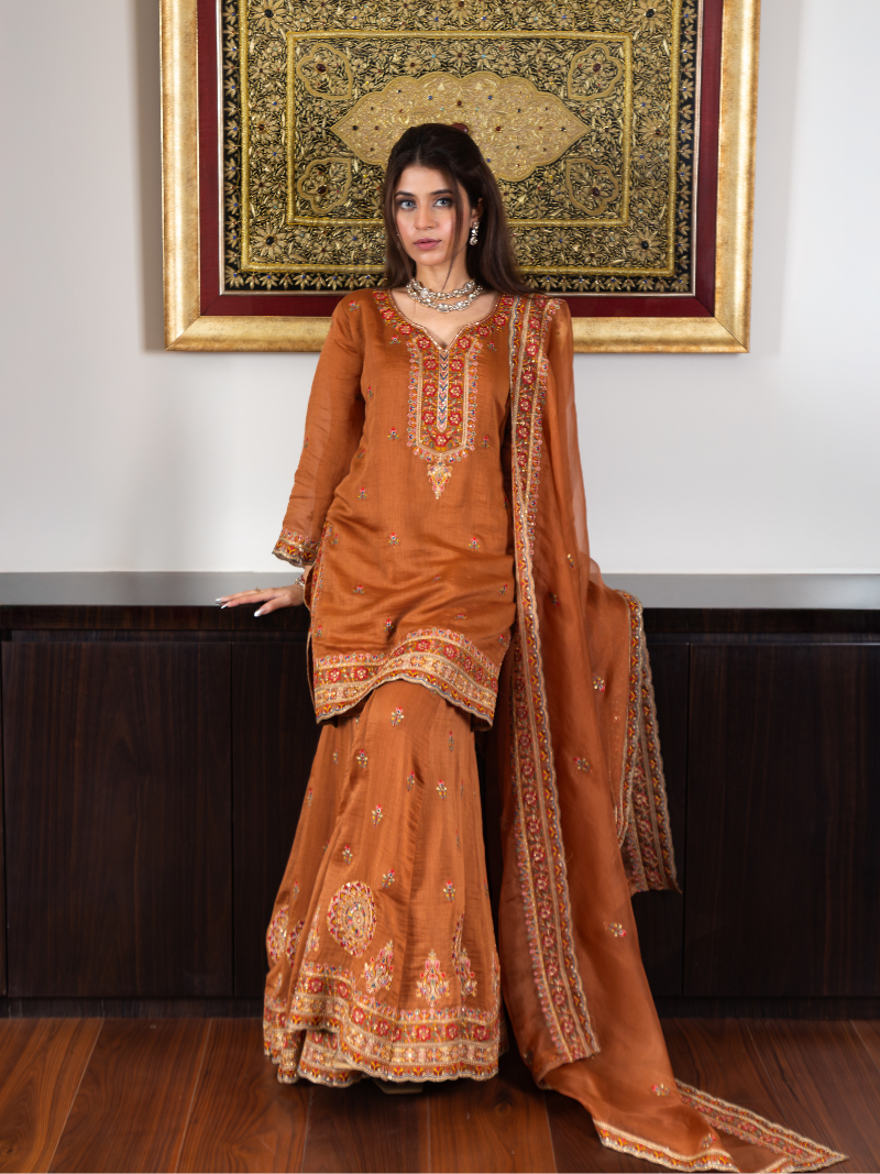 Inara Mul Chanderi Threadwork Garara Set – Terracotta
