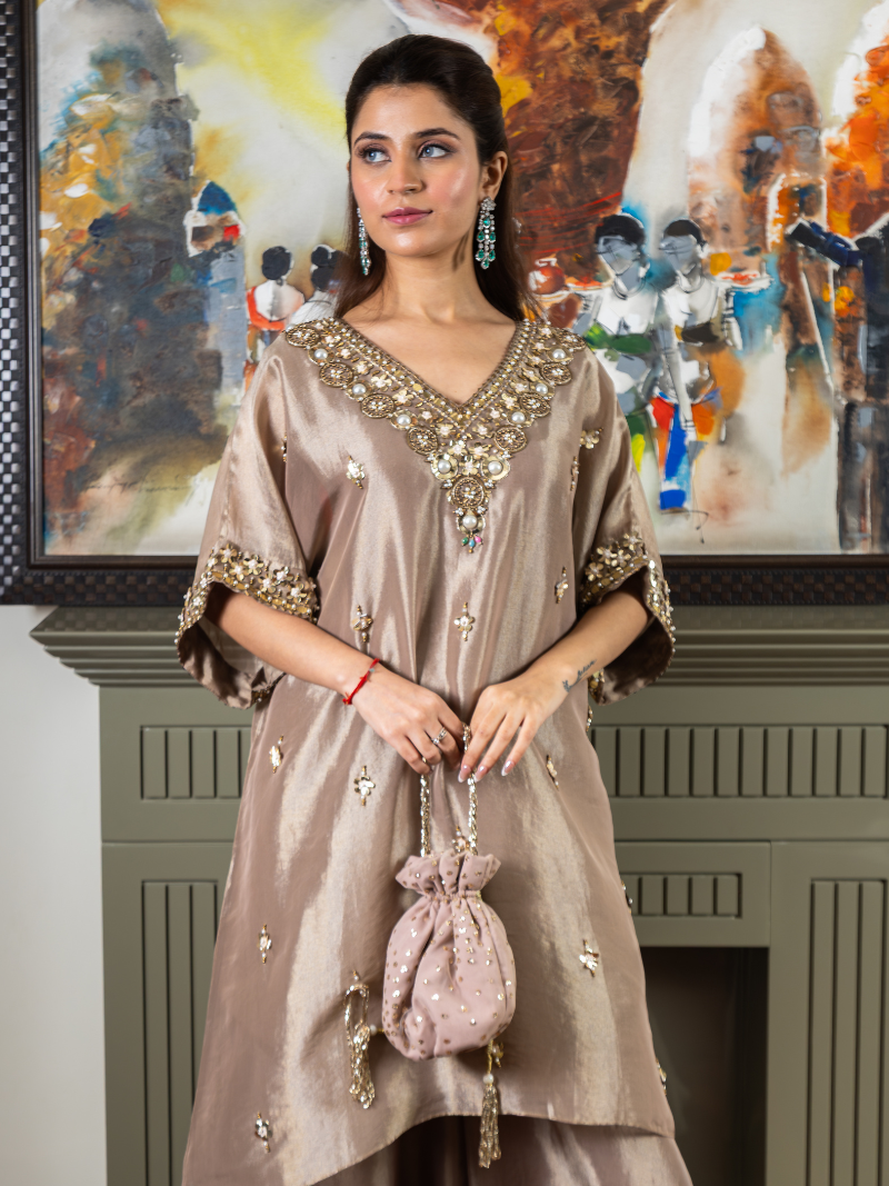 Inaaya Kanchipuram Silk Kaftan Sharara Set – Taupe Beige