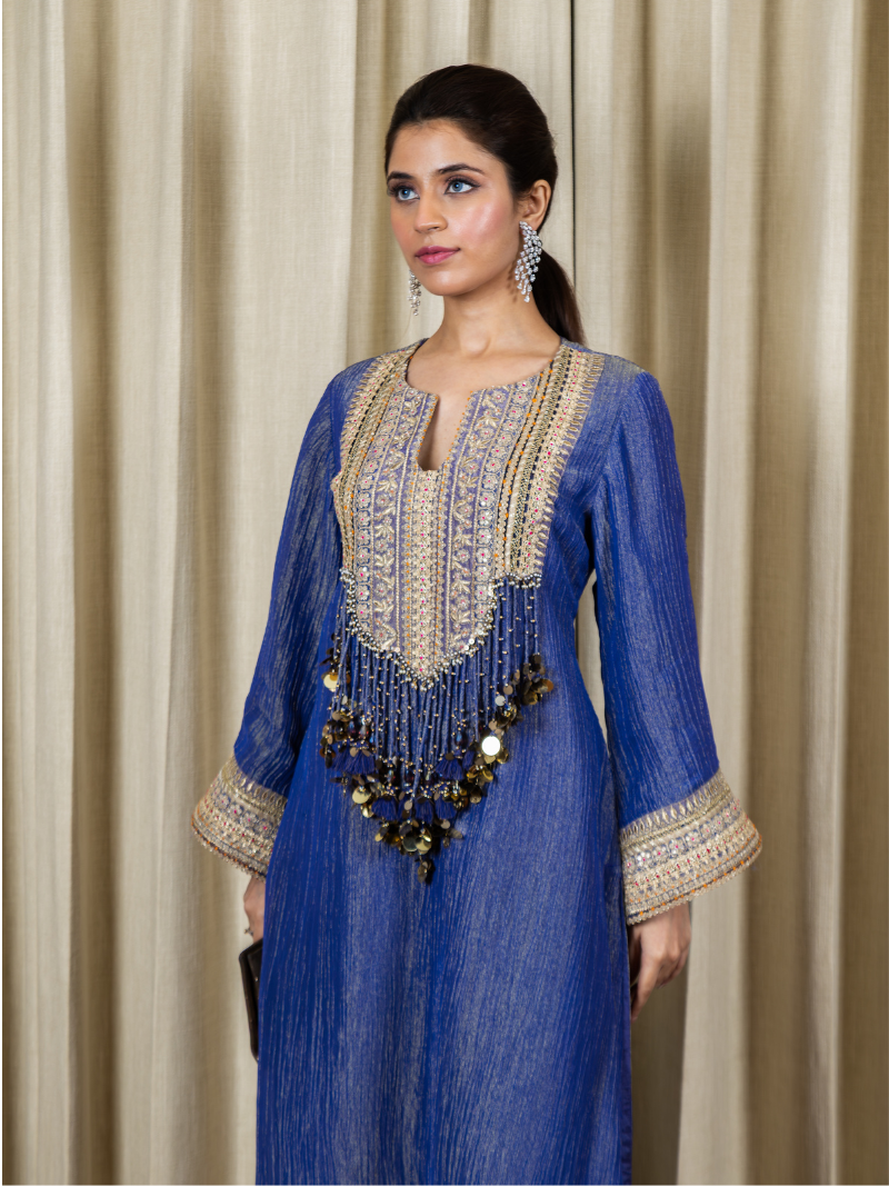 Nayra Royal Tissue Handwork Kurta Set – Sapphire Blue