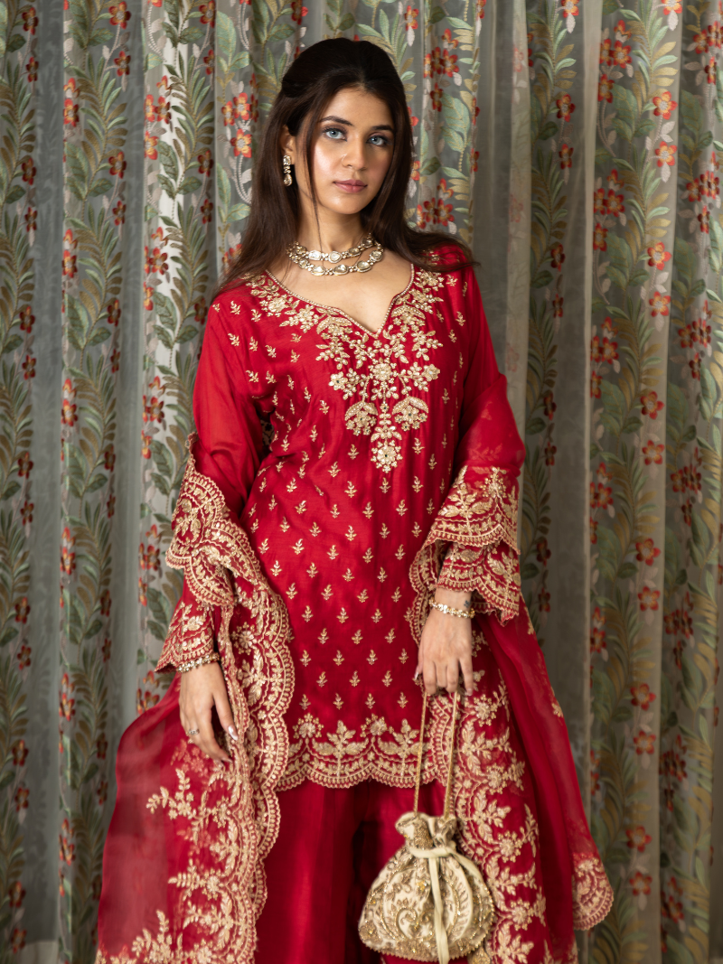 Aarini Mul Chanderi Dori Embroidered Sharara Set – Red