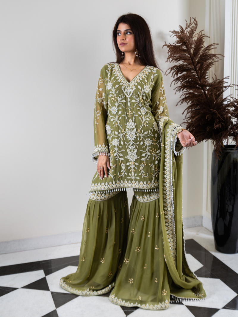 Aleya Pure Georgette Handworked Garara Set – Sage Green