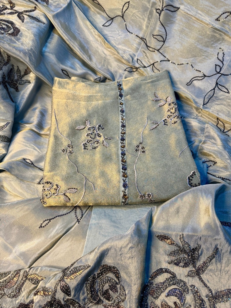 Elina Tissue Embroidered Kurta Set with Dupatta - Rose Gold