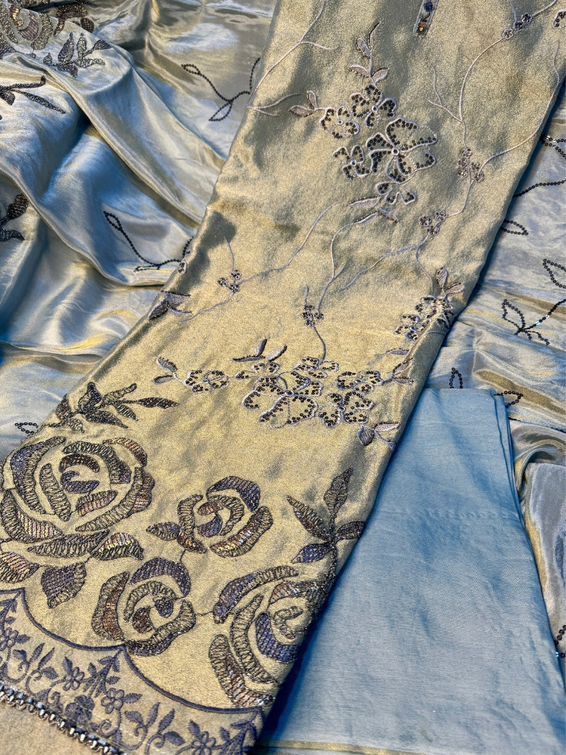 Elina Tissue Embroidered Kurta Set with Dupatta - Rose Gold