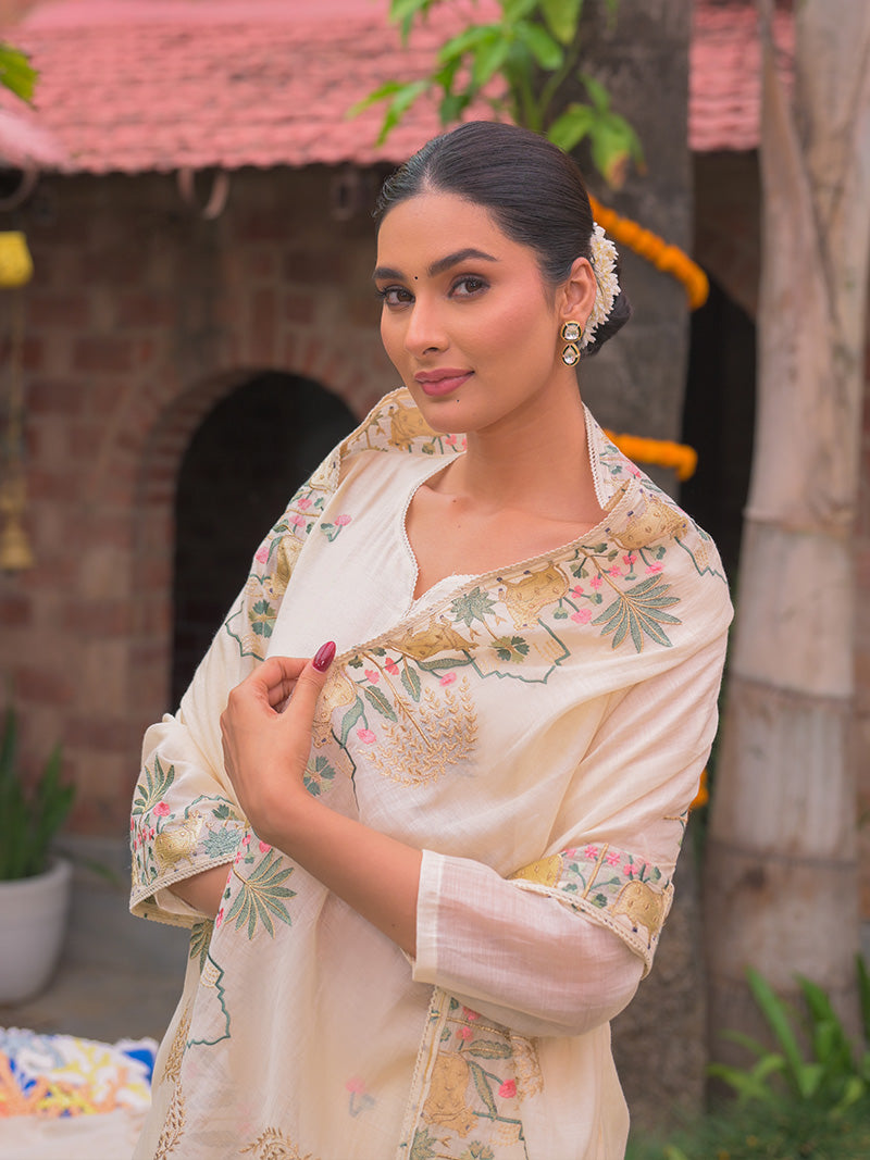 Anaya Pure Mul Chanderi Embroidered Kurta Set with Dupatta - Ivory White