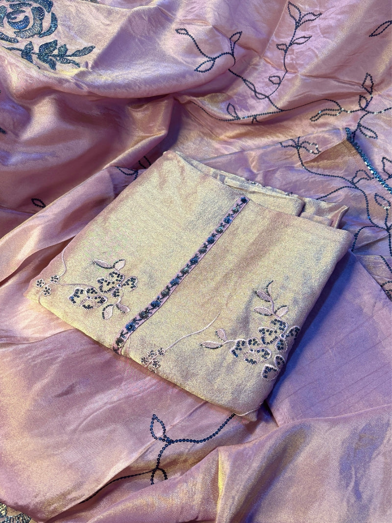 Elina Tissue Embroidered Kurta Set with Dupatta - Rose Gold