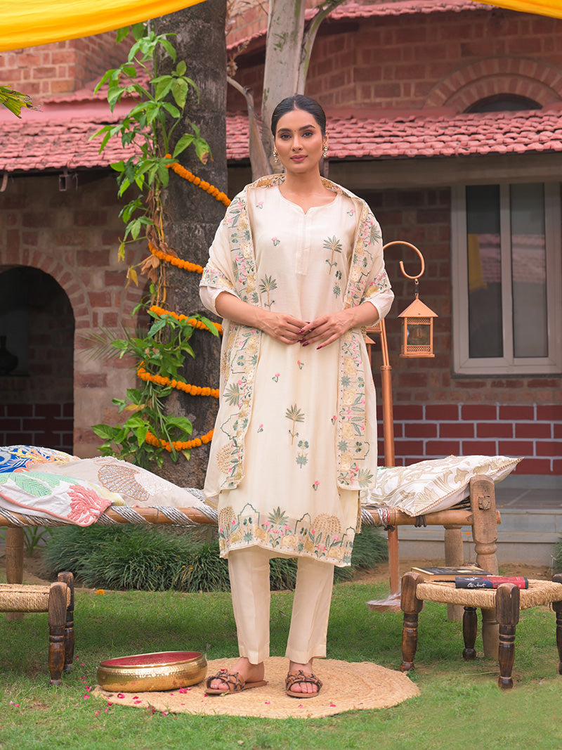 Anaya Pure Mul Chanderi Embroidered Kurta Set with Dupatta - Ivory White