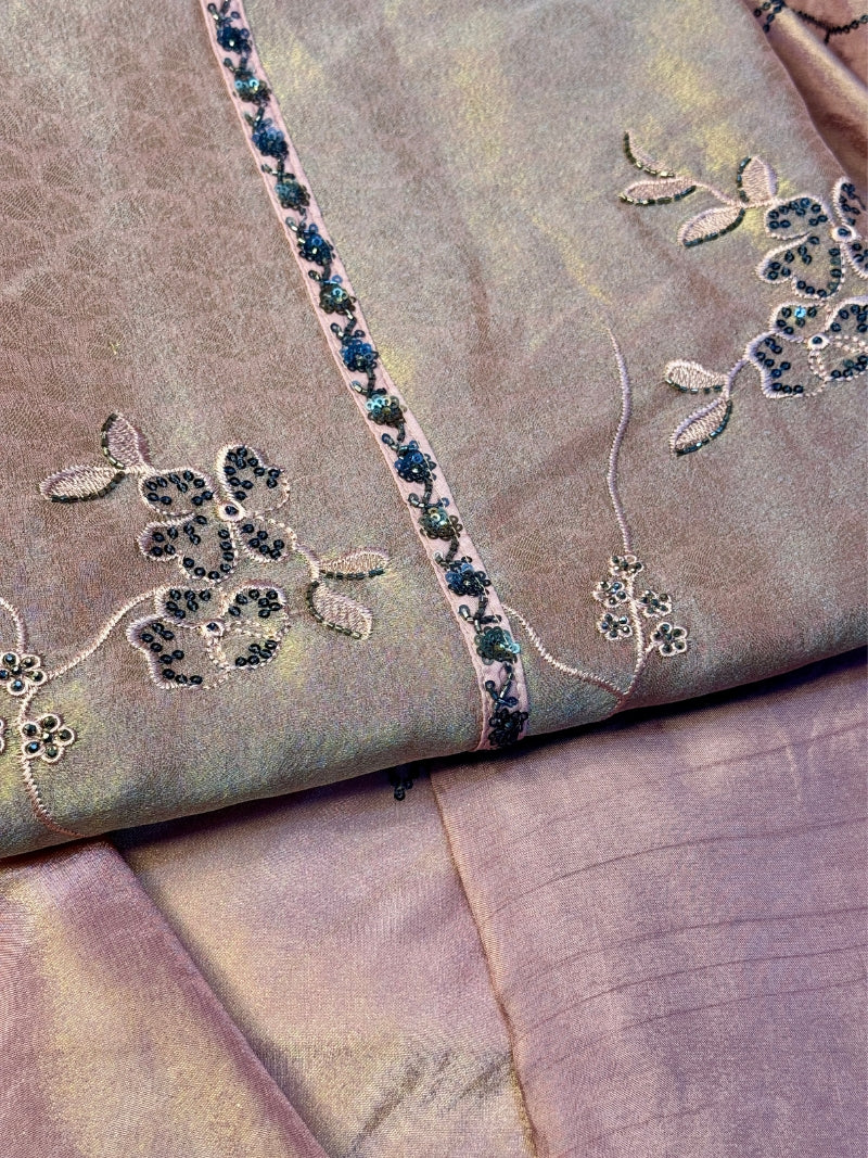 Elina Tissue Embroidered Kurta Set with Dupatta - Rose Gold