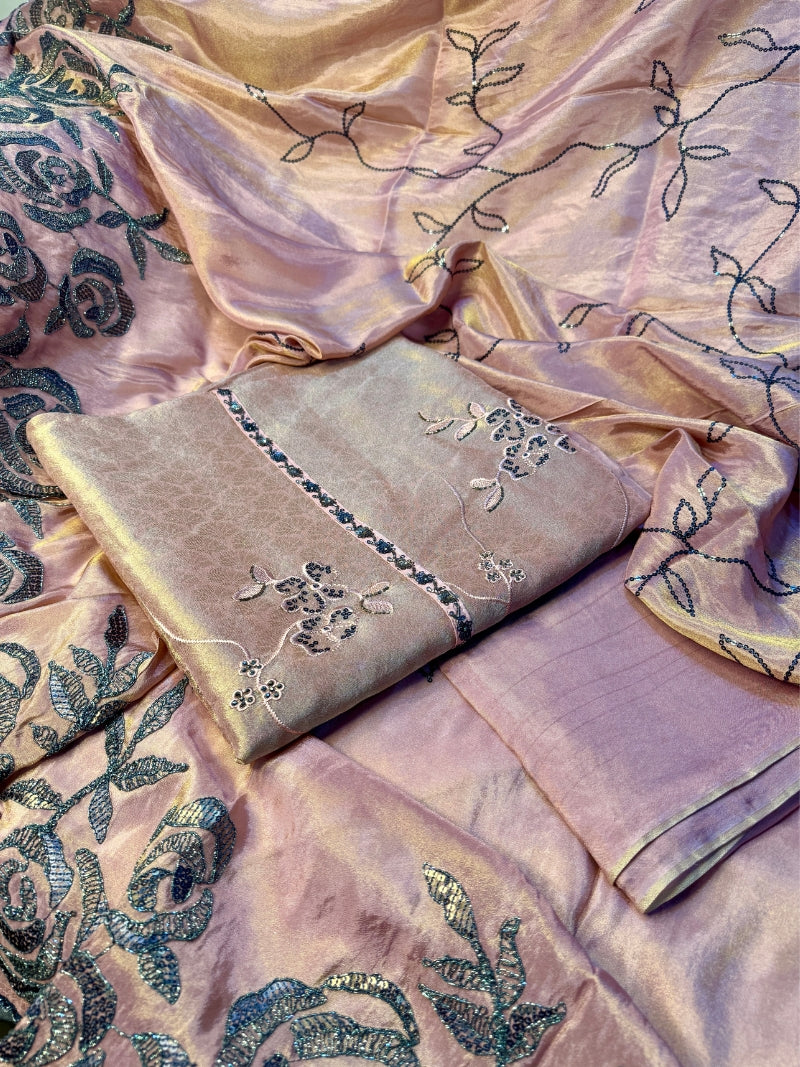 Elina Tissue Embroidered Kurta Set with Dupatta - Rose Gold