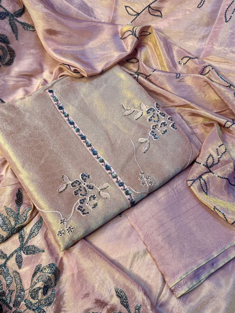 Elina Tissue Embroidered Kurta Set with Dupatta - Rose Gold