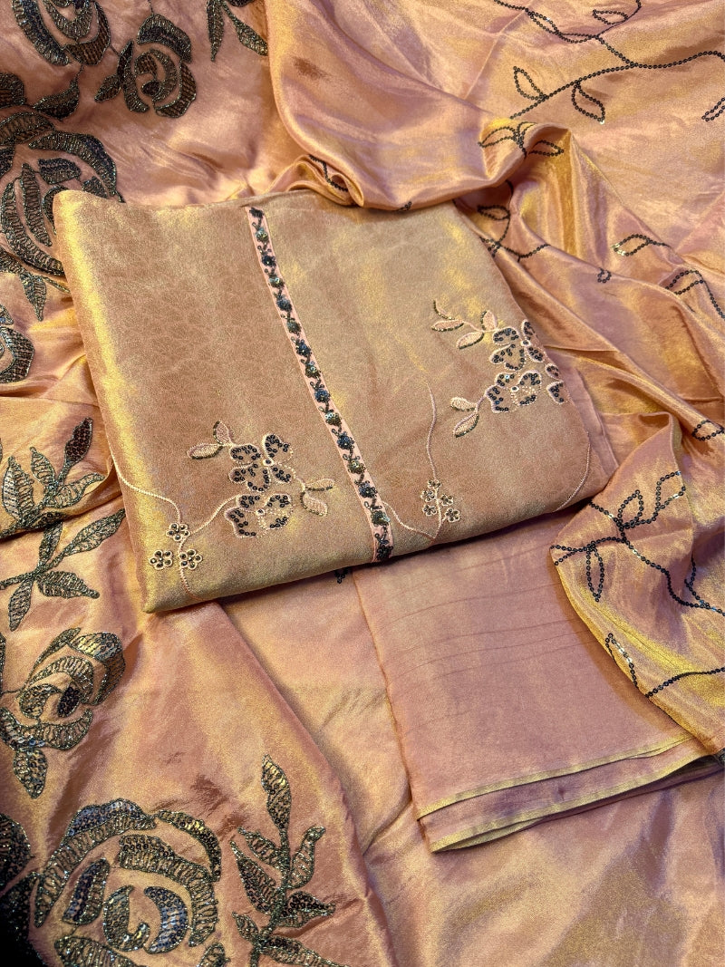 Elina Tissue Embroidered Kurta Set with Dupatta - Rose Gold