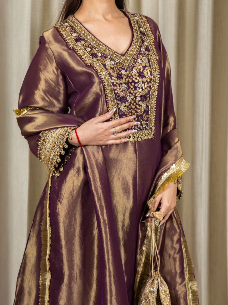 Reyna Kanchipuram Silk Embellished Kurta Set with Dupatta - Deep Wine