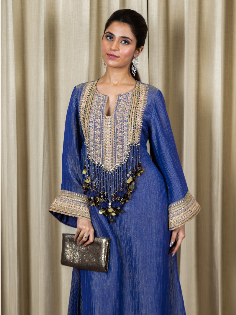 Nayra Royal Tissue Handwork Kurta Set – Sapphire Blue
