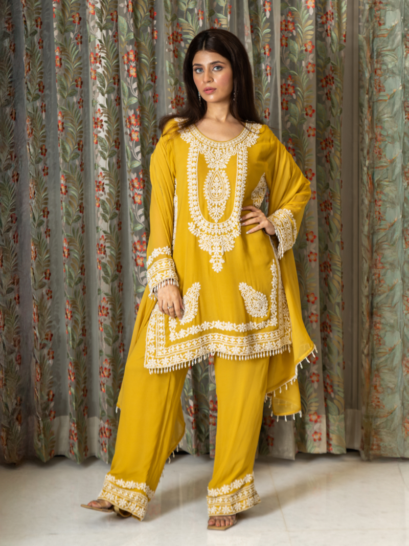 Nayira Georgette Embroidered Kurta Set – Sunset Mustard