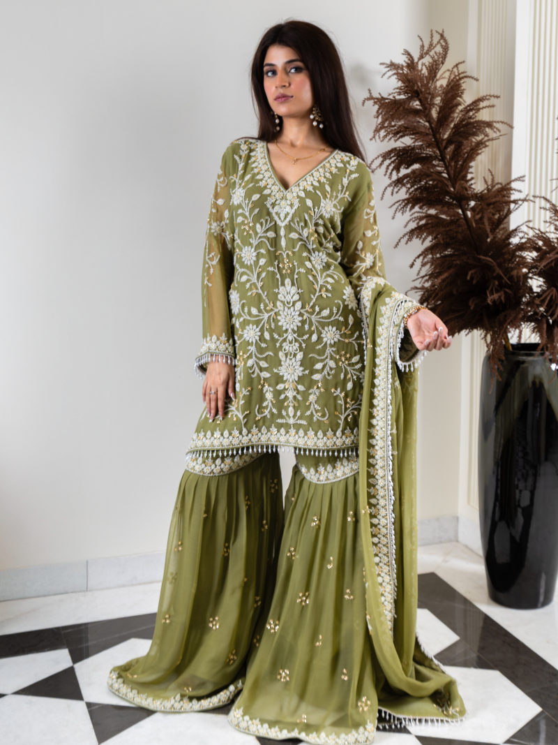 Aleya Pure Georgette Handworked Garara Set – Sage Green