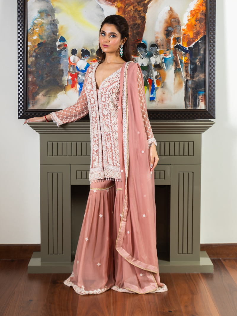 Reha Georgette Embroidered Garara Set – Peach Blush