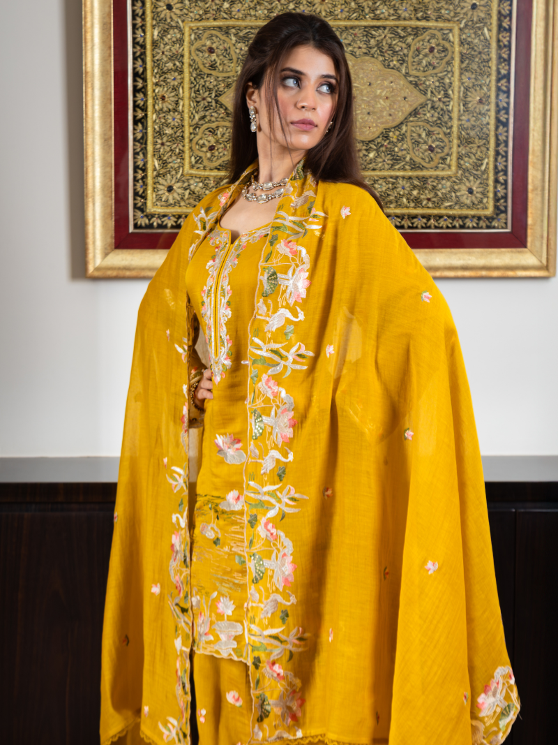 Noor Pure Mul Chanderi Embroidered Sharara Set – Sunflower Yellow