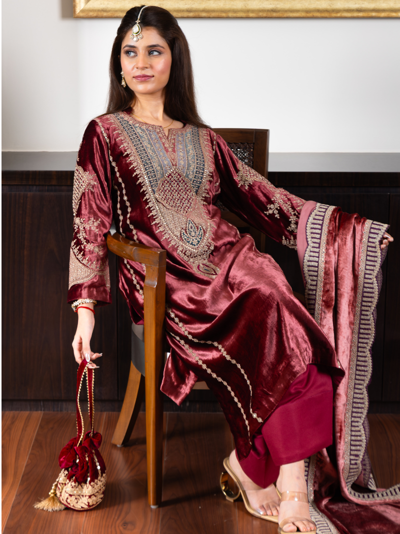 Fiza Velvet Embroidered Suit Set– Wine Red