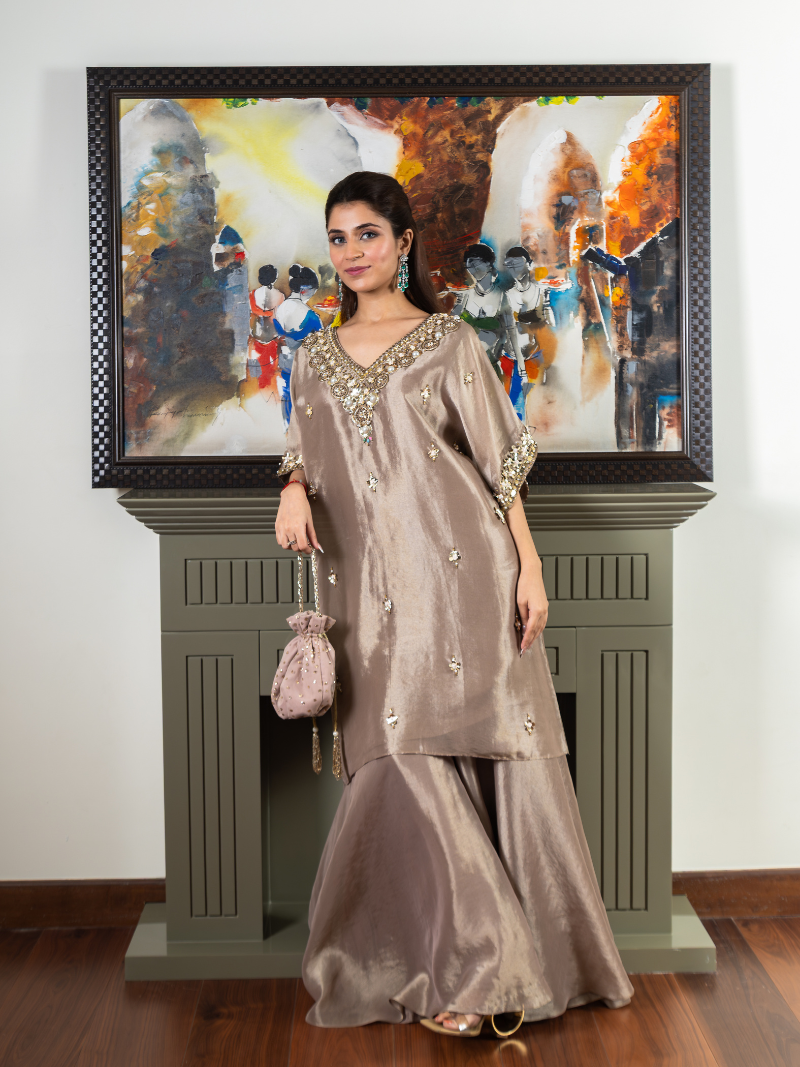Inaaya Kanchipuram Silk Kaftan Sharara Set – Taupe Beige