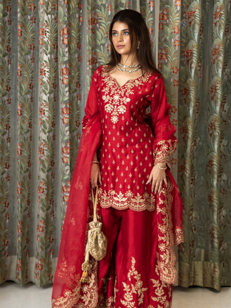 Aarini Mul Chanderi Dori Embroidered Sharara Set – Red