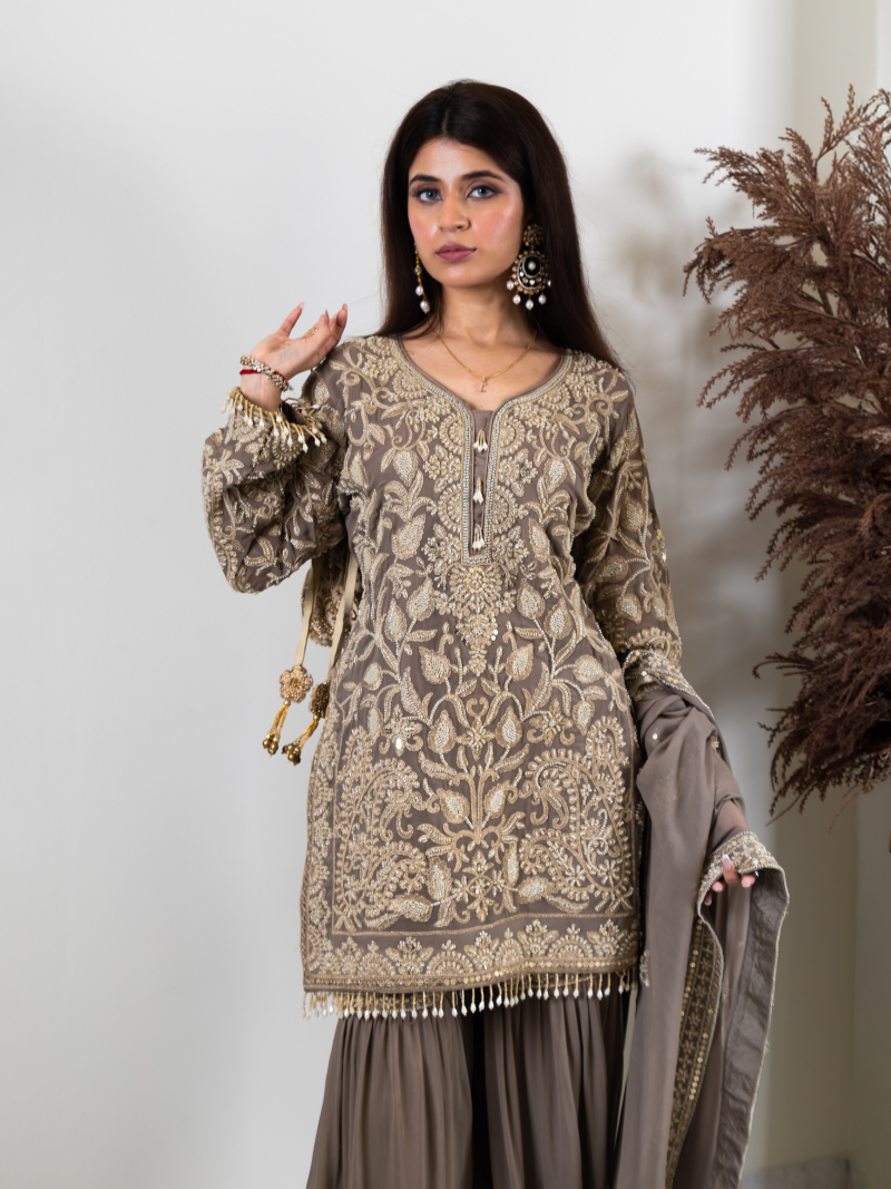 Saher Pure Georgette Handworked Garara Set – Taupe Beige
