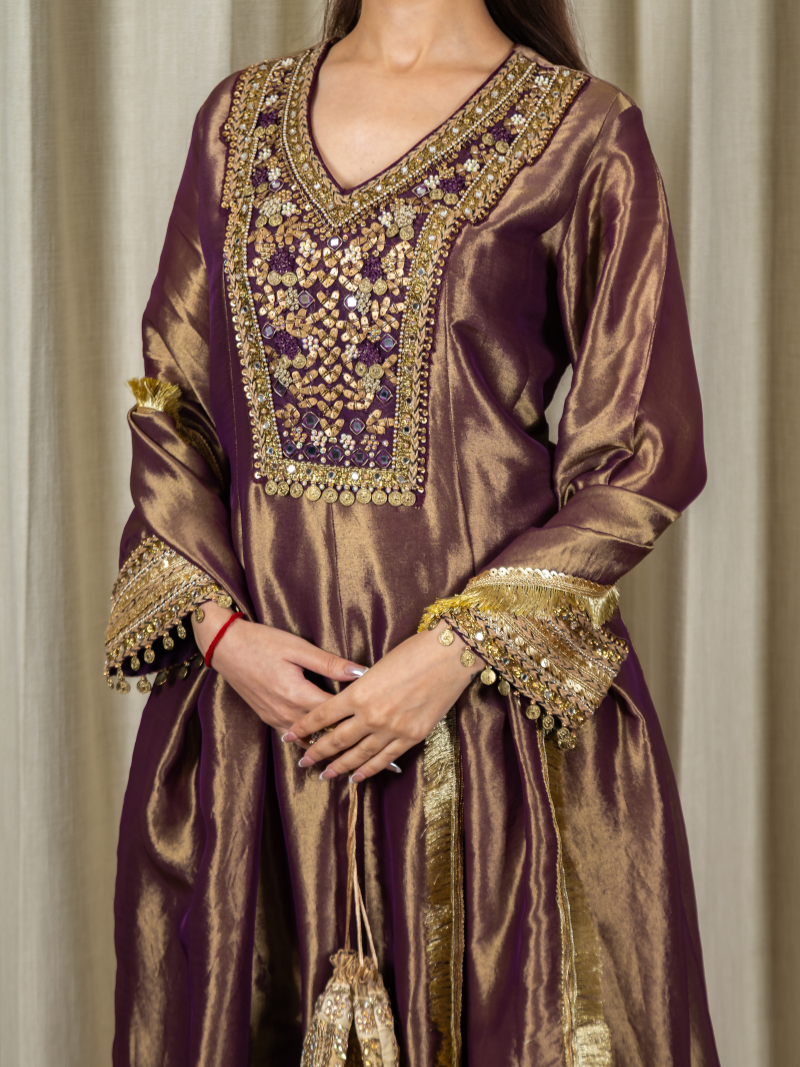 Reyna Kanchipuram Silk Embellished Kurta Set with Dupatta - Deep Wine